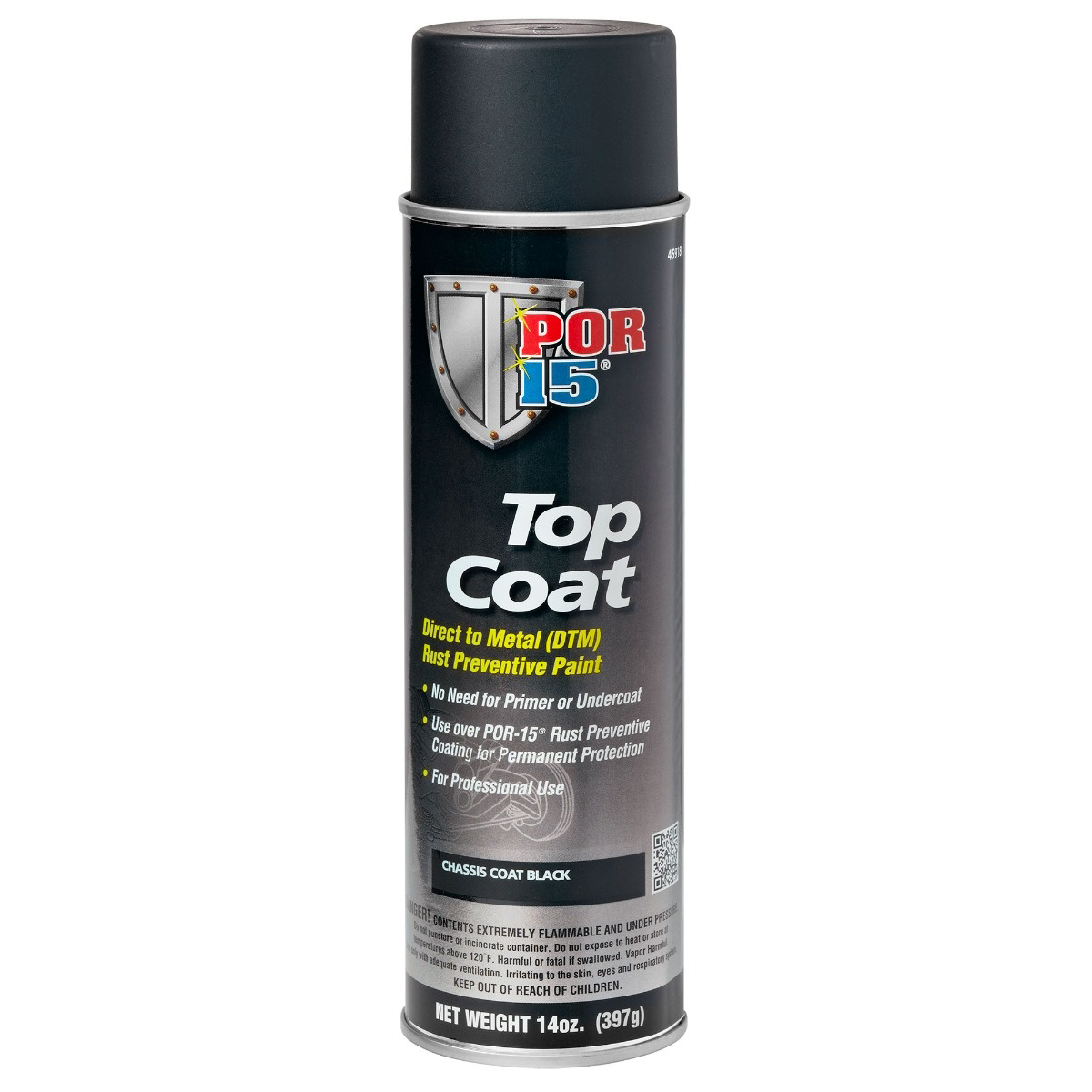 POR-15 INC 45918 Top Coat DTM Paint, 14 oz Aerosol Can, Chassis Black, Liquid, 30 to 60 min Curing