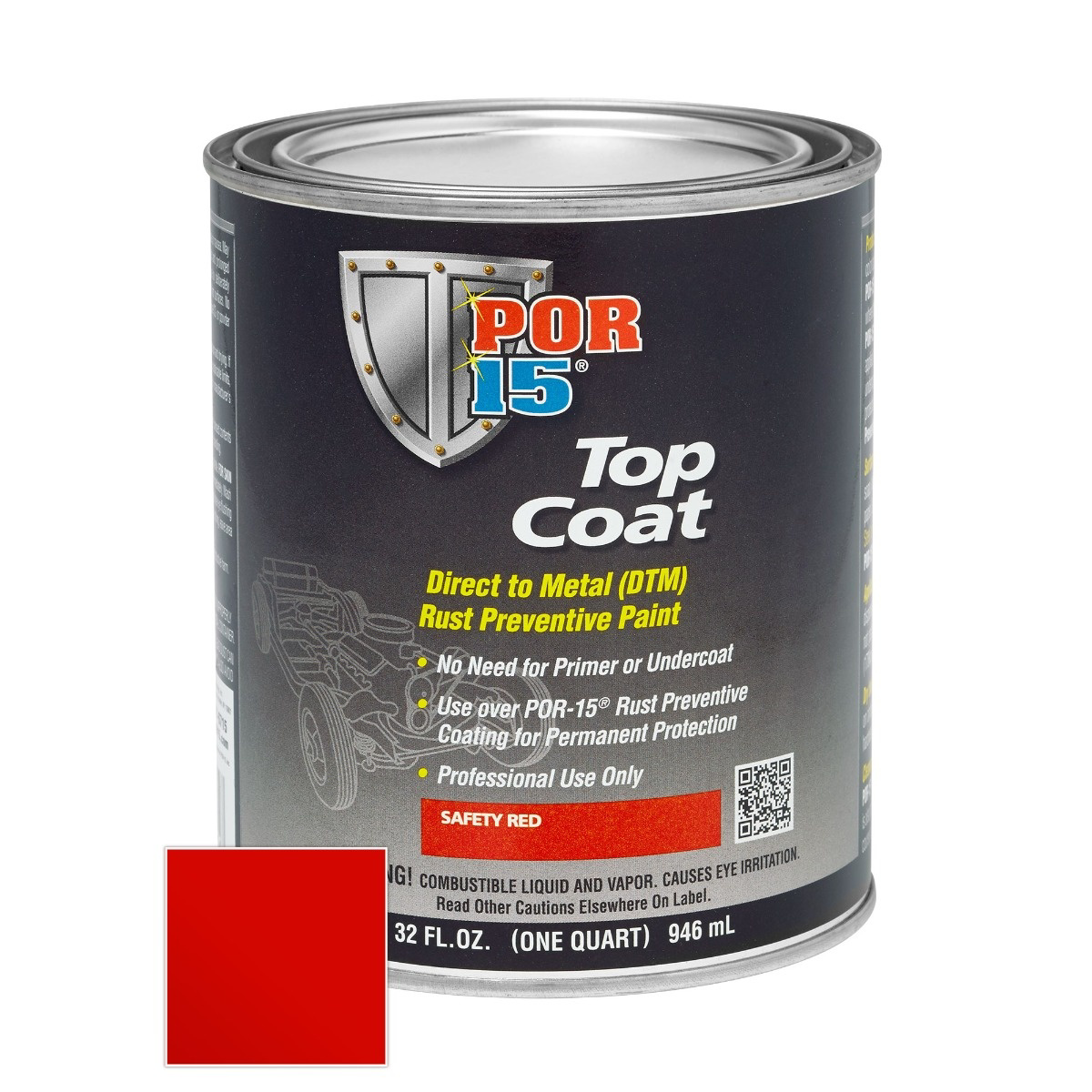 POR-15 INC 46104 Top Coat DTM Paint, 1 qt Can, Safety Red, Liquid, 30 to 60 min Curing