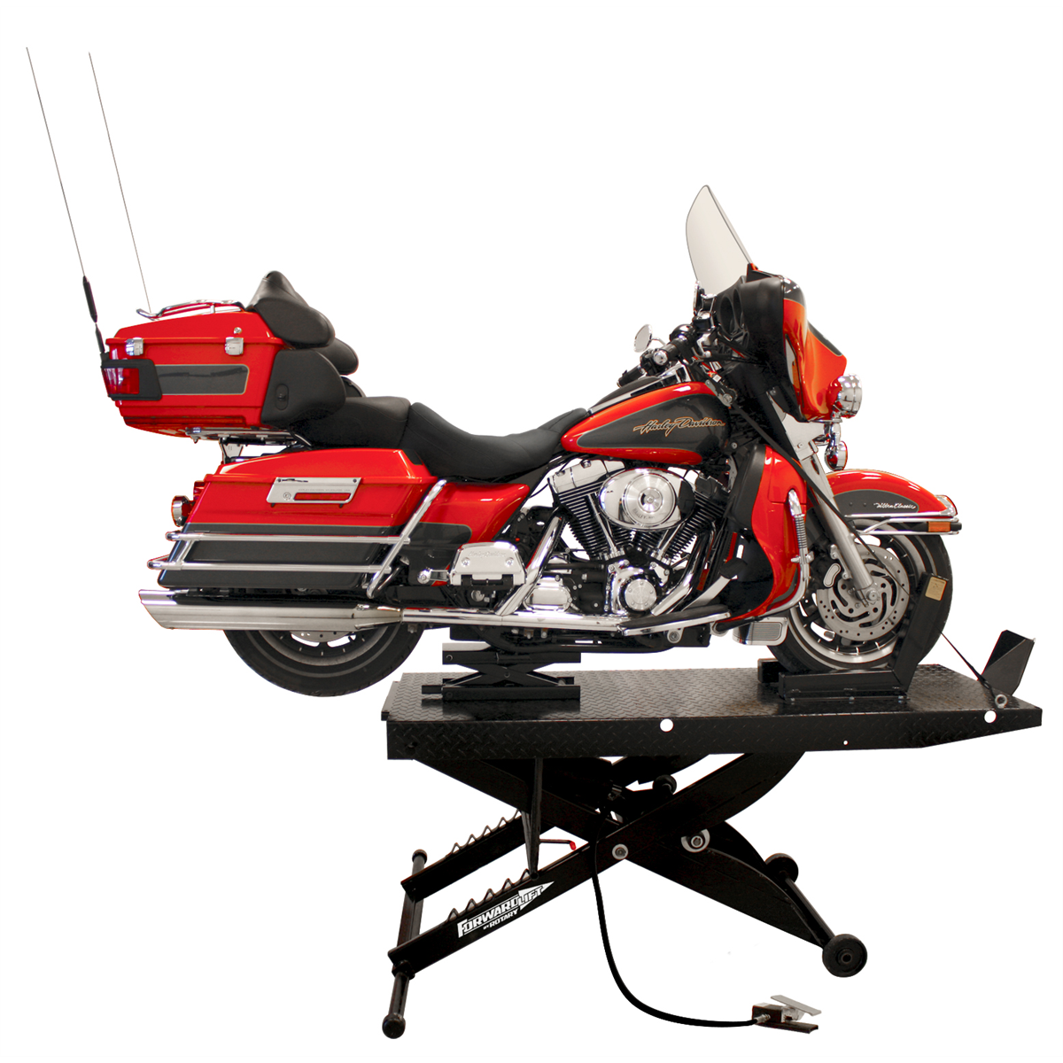 Forward Lift Portable Motorcycle / ATV Lift, Air Operated W/ Dolly, Adjustable Vise And Removable Side Extensions Included. Max Lifting Height 33". 24" Wide (48" With Included Side Extensions Installed), 113" Length (93" Without Rear Ramp Installed). Remo