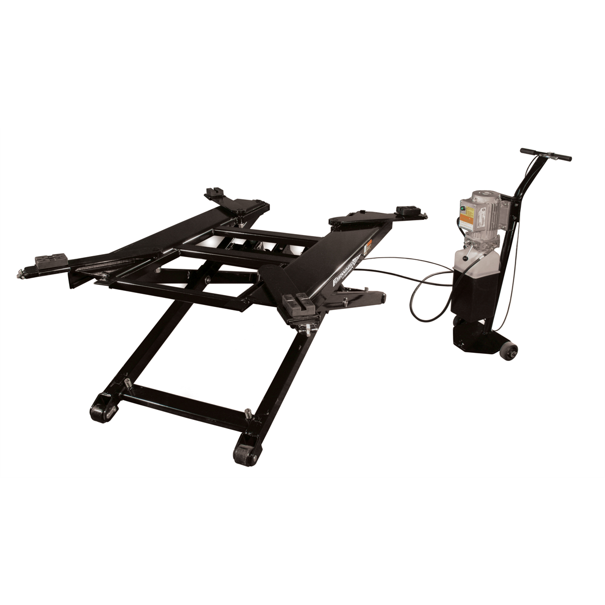 Forward Lift Portable 6000 Lb Mid Rise Lift. Space Saving Scissor Style With Twin Cylinder Design For Fast Operation. Seven Locking Positions From 6.5" To 54", Min Height 5" When Fully Lowered.Swing Arm With Pad Adapters And Set Of Tall Adapters Included.