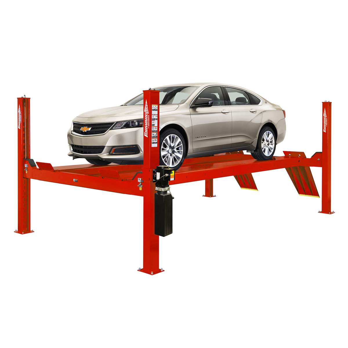 Forward Lift 14K General Service 4-Post, 215â€ Wheel Base Max., With 20â€ Wide Runways. Filter/Regulator/Lubricator, Pre Drilled For Internal Airline Kit (FC5760-14). Red In Color