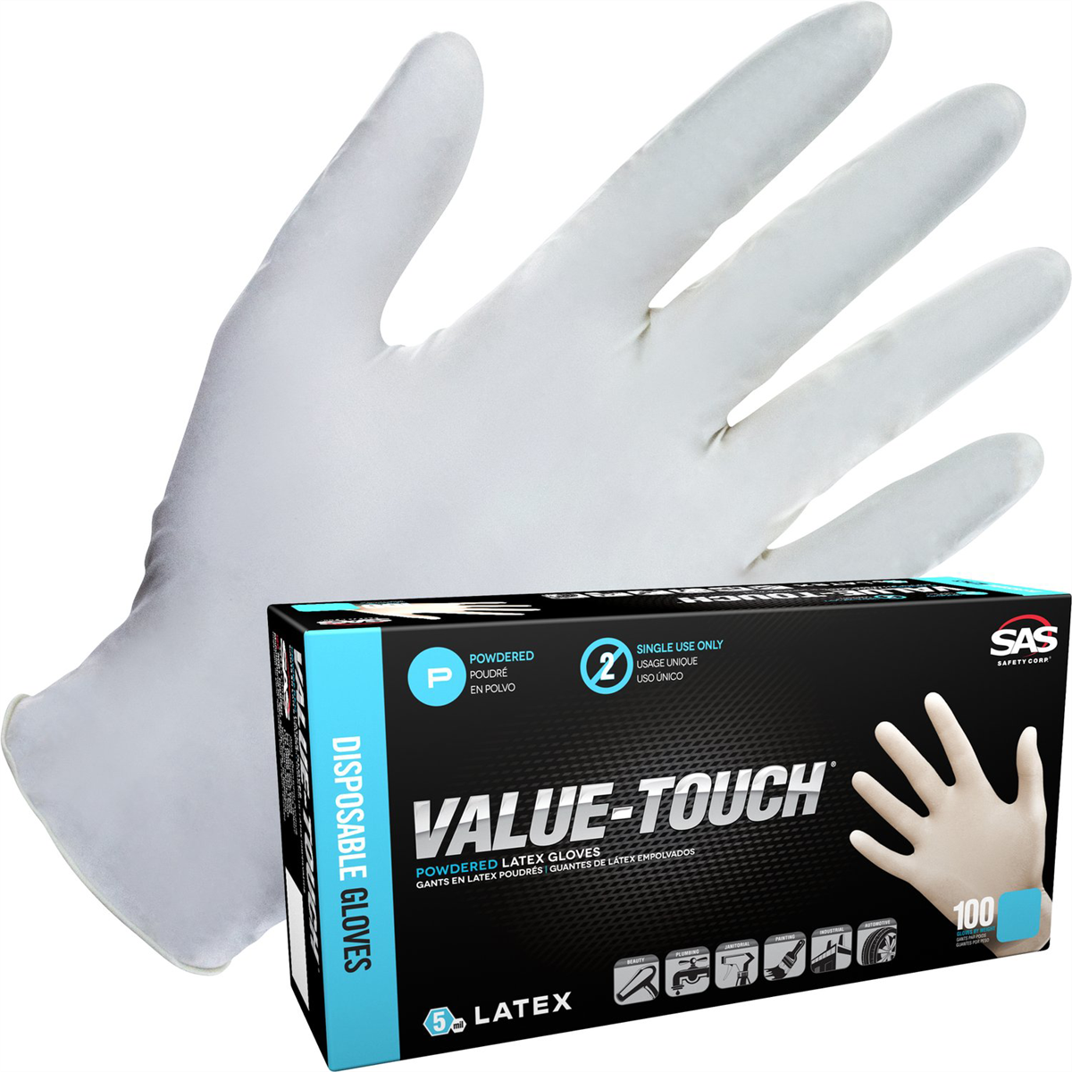 Sas Safety Value-touch Powdered Latex Disposable Gloves - 5 Mil - 100pk - Medium