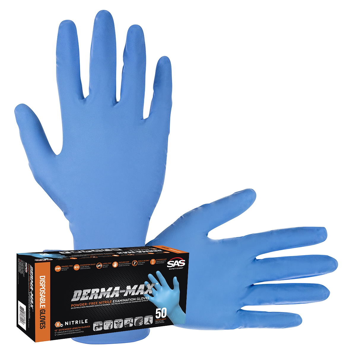 SAS Safety 50-pk of Derma-Max Disp. PF Nitrile Gloves, L