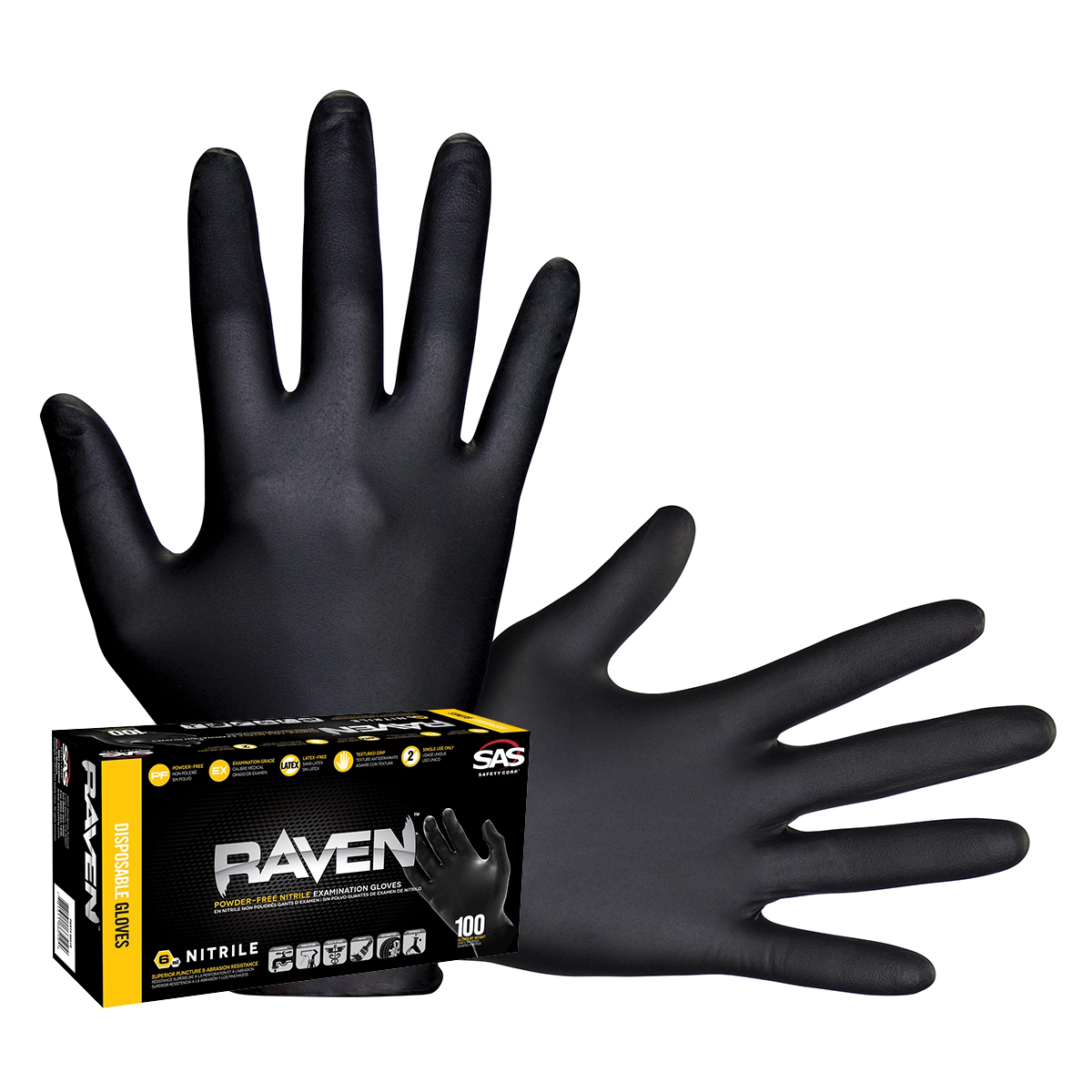 SAS Safety Raven Black 7mil PF Nitrile Gloves, Small (pk of 100)