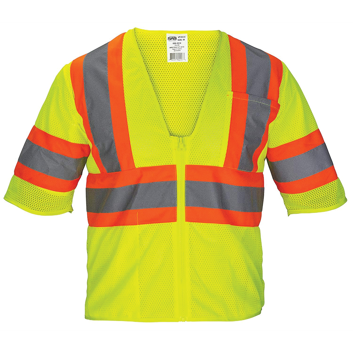 SAS Safety Class-3 Mesh Yellow Safety Vest w/ Front Zipper, L