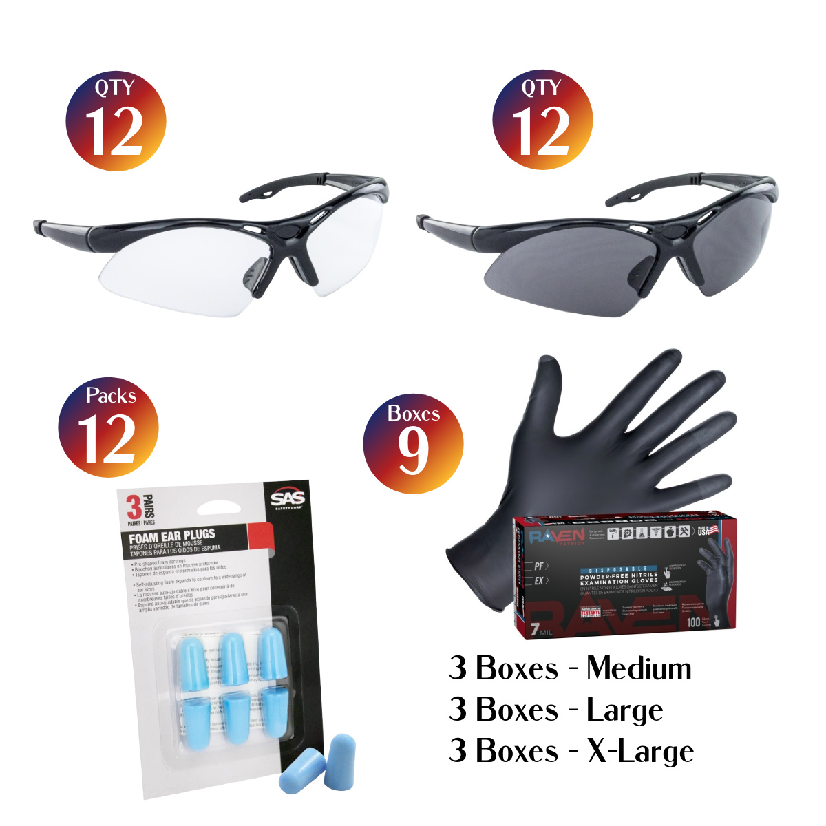 SAS Safety PPE Kit - Diamondback Glasses, Raven Gloves and Ear Plugs