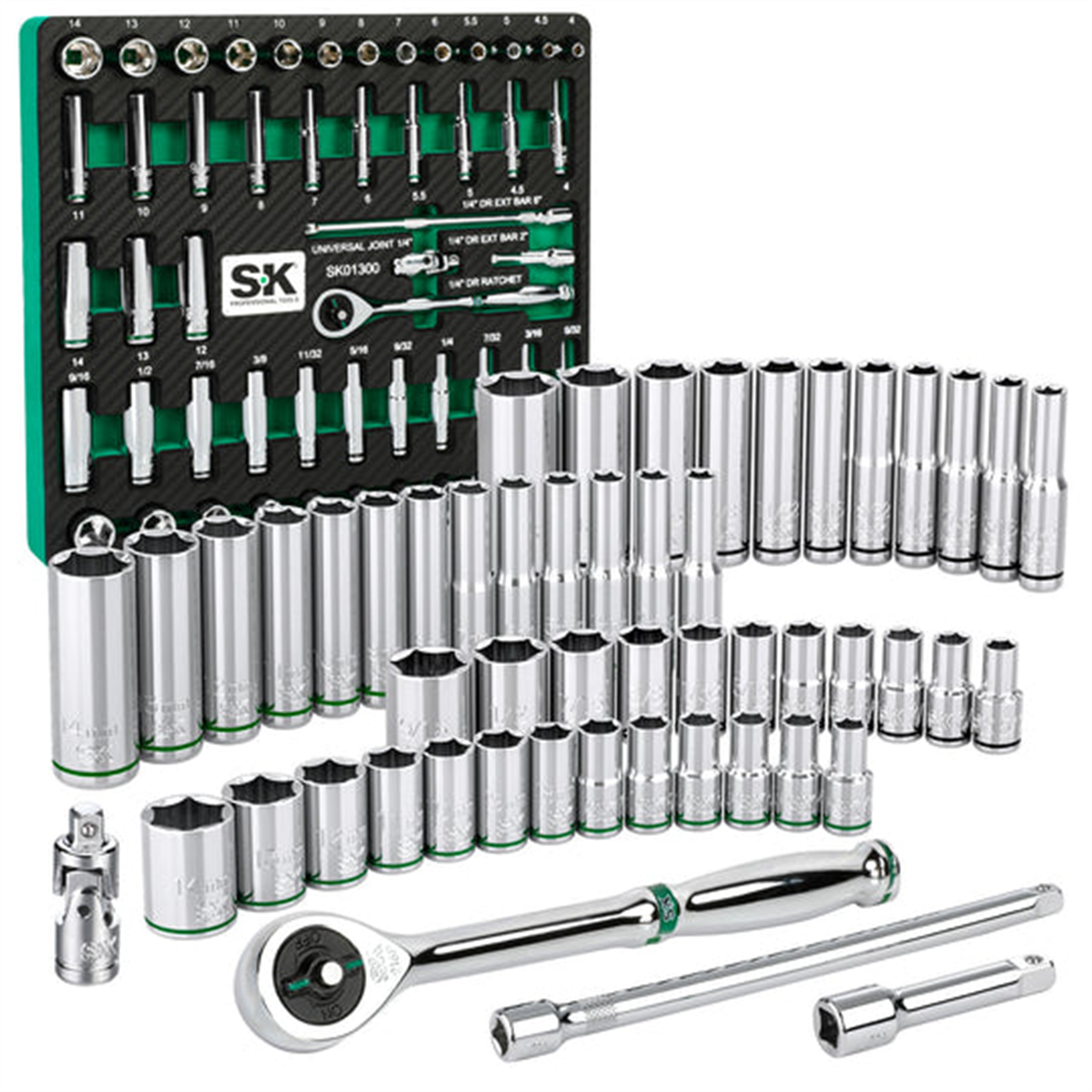 S K Hand Tools 1/4" Drive, 52 Piece, 6 Point, Shallow & Deep, Sae & Metric Chrome Socket Set With 216p Ratchet, Packaged In Eva Foam Tray