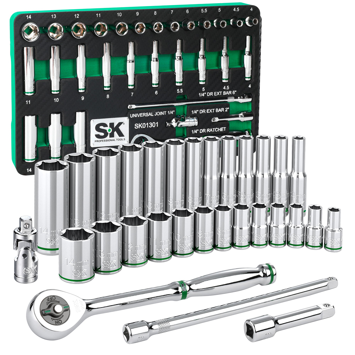 S K Hand Tools 1/4" Drive, 30 Piece, 6 Point, Shallow & Deep, Metric Chrome Socket Set With 216p Ratchet, Packaged In Eva Foam Tray
