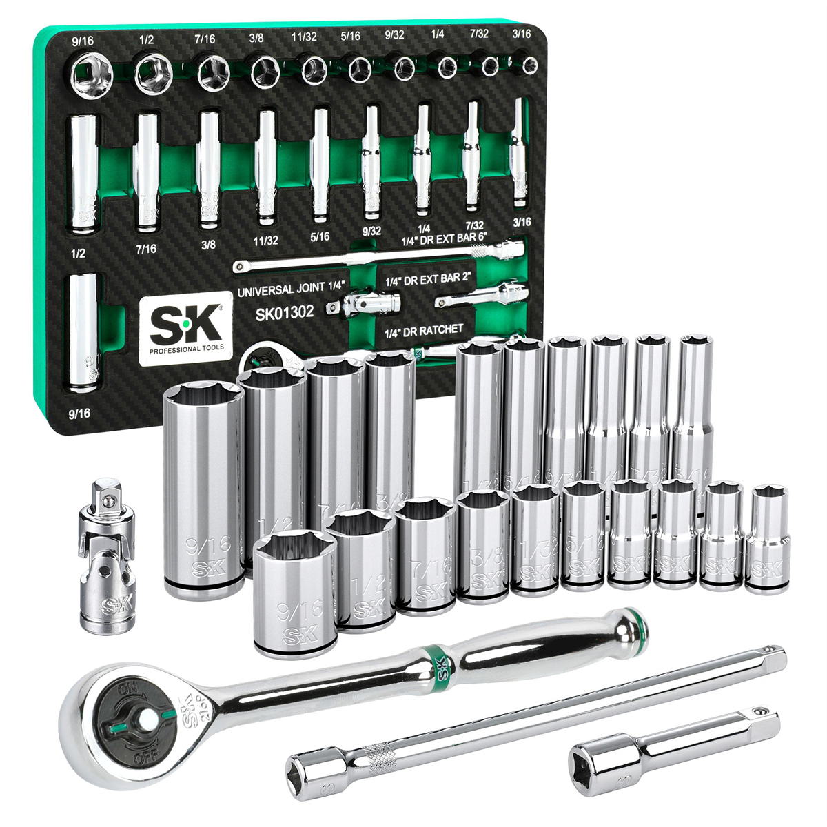 S K Hand Tools 1/4" Drive, 30 Piece, 6 Point, Shallow & Deep, Sae Chrome Socket Set With 216p Ratchet, Packaged In Eva Foam Tray