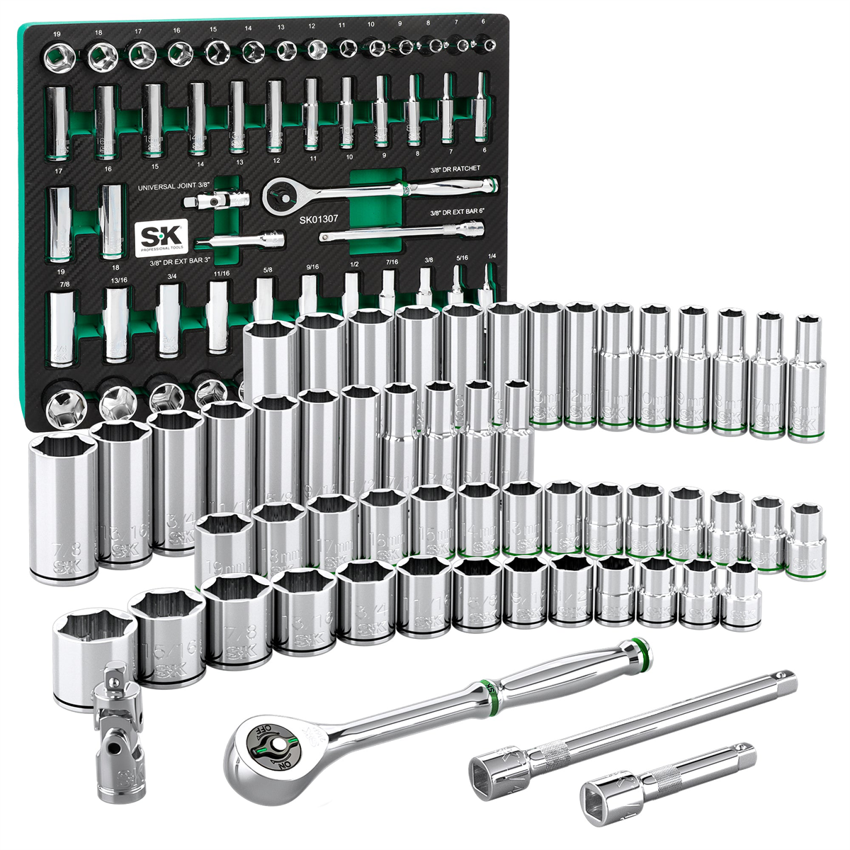 S K Hand Tools 3/8" Drive, 56 Piece, 6 Point, Shallow & Deep, Sae & Metric Chrome Socket Set With 216p Ratchet, Packaged In Eva Foam Tray
