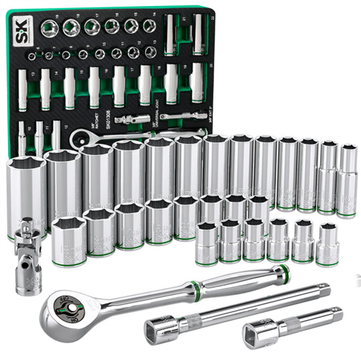 S K Hand Tools 3/8" Drive, 31 Piece, 6 Point, Standard & Deep, Metric Chrome Socket Set With 216p Ratchet. Packaged In Eva Foam Tray