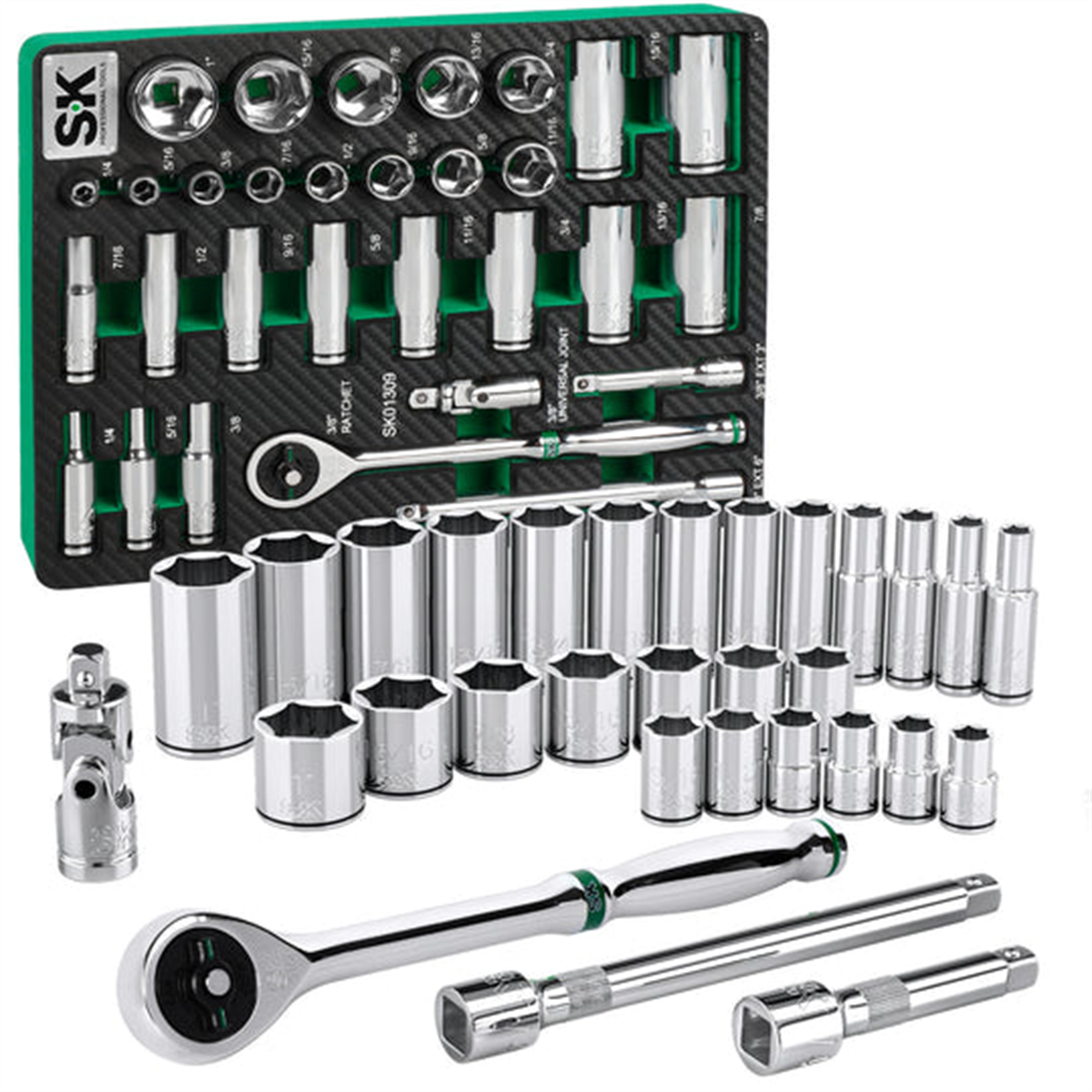 S K Hand Tools 3/8" Drive, 30 Piece, 6 Point, Shallow & Deep, Sae Chrome Socket Set With 216p Ratchet. Packaged In Eva Foam Tray