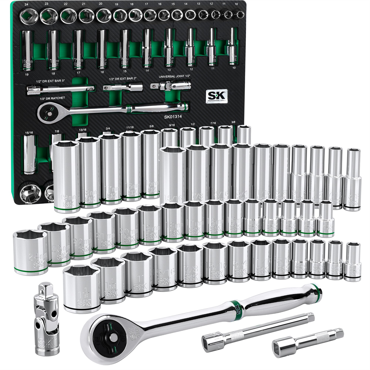 S K Hand Tools 1/2" Drive, 52 Piece, 6 Point, Shallow & Deep, Sae & Metric Chrome Socket Set With 216p Ratchet. Packaged In Eva Foam Tray