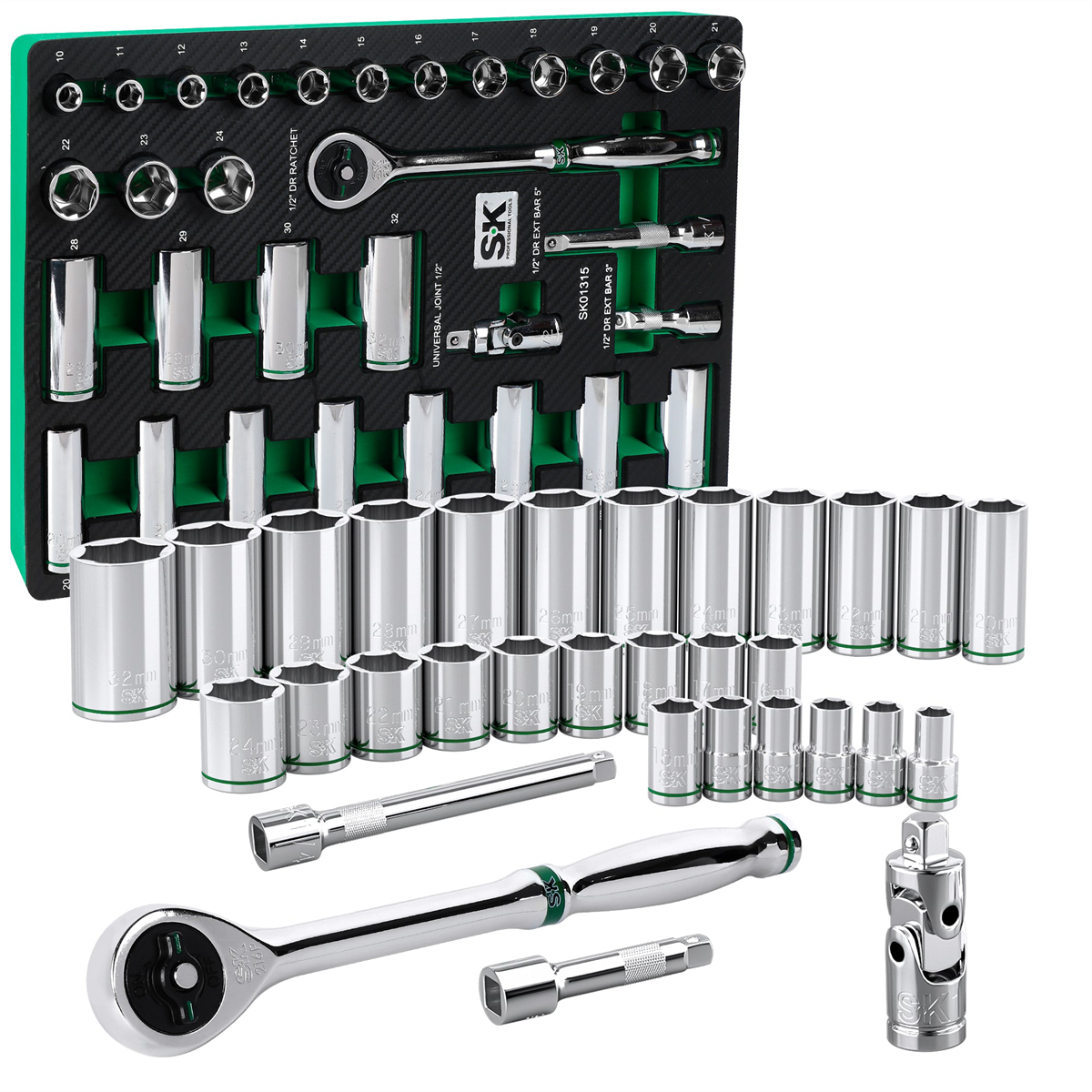 S K Hand Tools 1/2" Drive, 31 Piece, 6 Point, Standard & Deep, Metric Chrome Socket Set With 216p Ratchet. Packaged In Eva Foam Tray