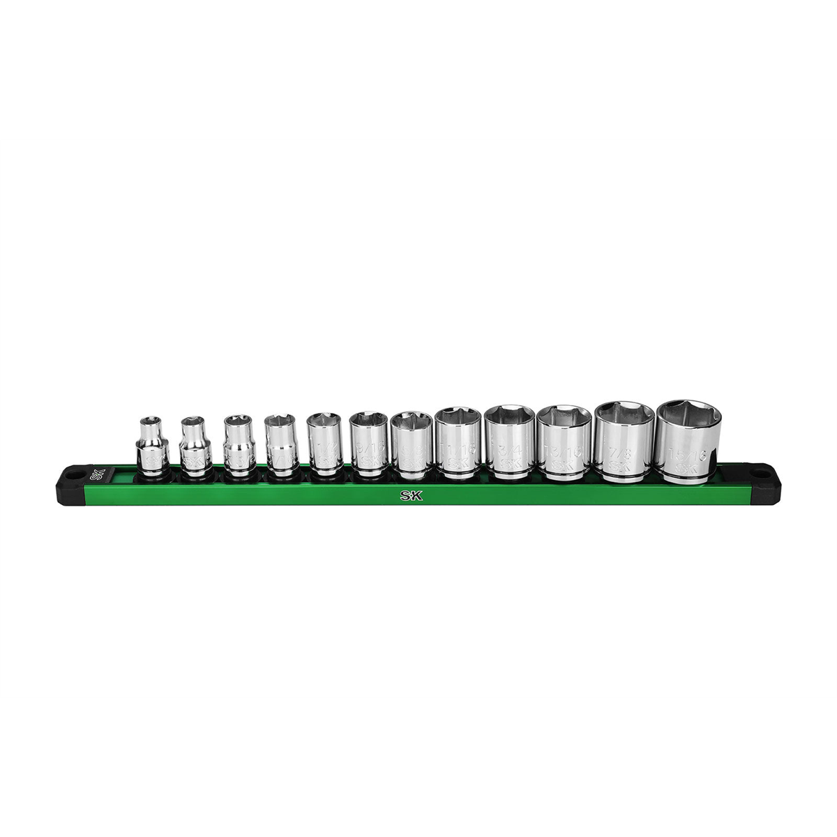 S K Hand Tools 3/8" Drive, 12 Piece, 6 Point, Shallow, Sae Chrome Socket Set. Packaged On A Rail