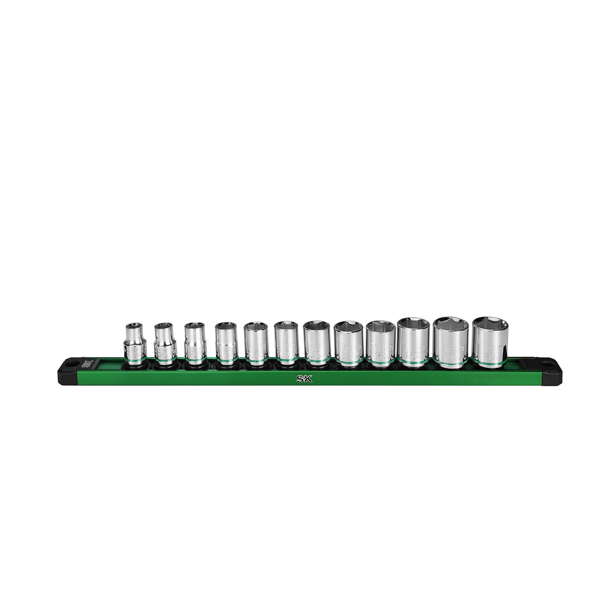 S K Hand Tools 3/8" Drive, 12 Piece, 6 Point, Shallow, Metric Chrome Socket Set. Packaged On A Rail