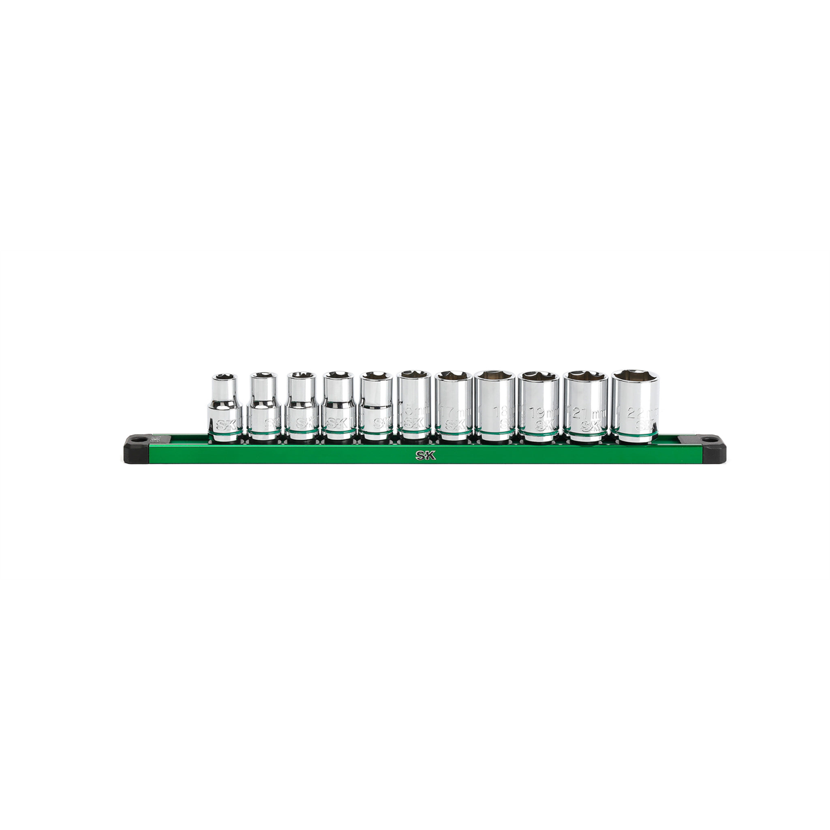 S K Hand Tools 1/2" Drive, 11 Piece, 6 Point, Shallow, Metric Chrome Socket Set. Packaged On A Rail