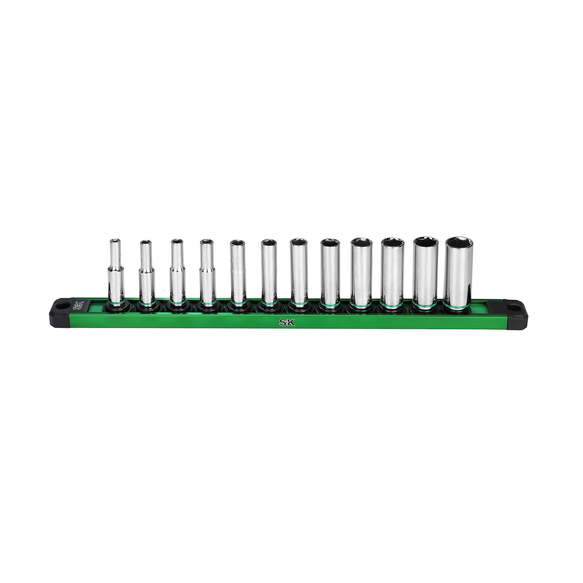 S K Hand Tools 1/4" Drive, 12 Piece, 6 Point, Deep, Metric Chrome Socket Set. Packaged On A Rail