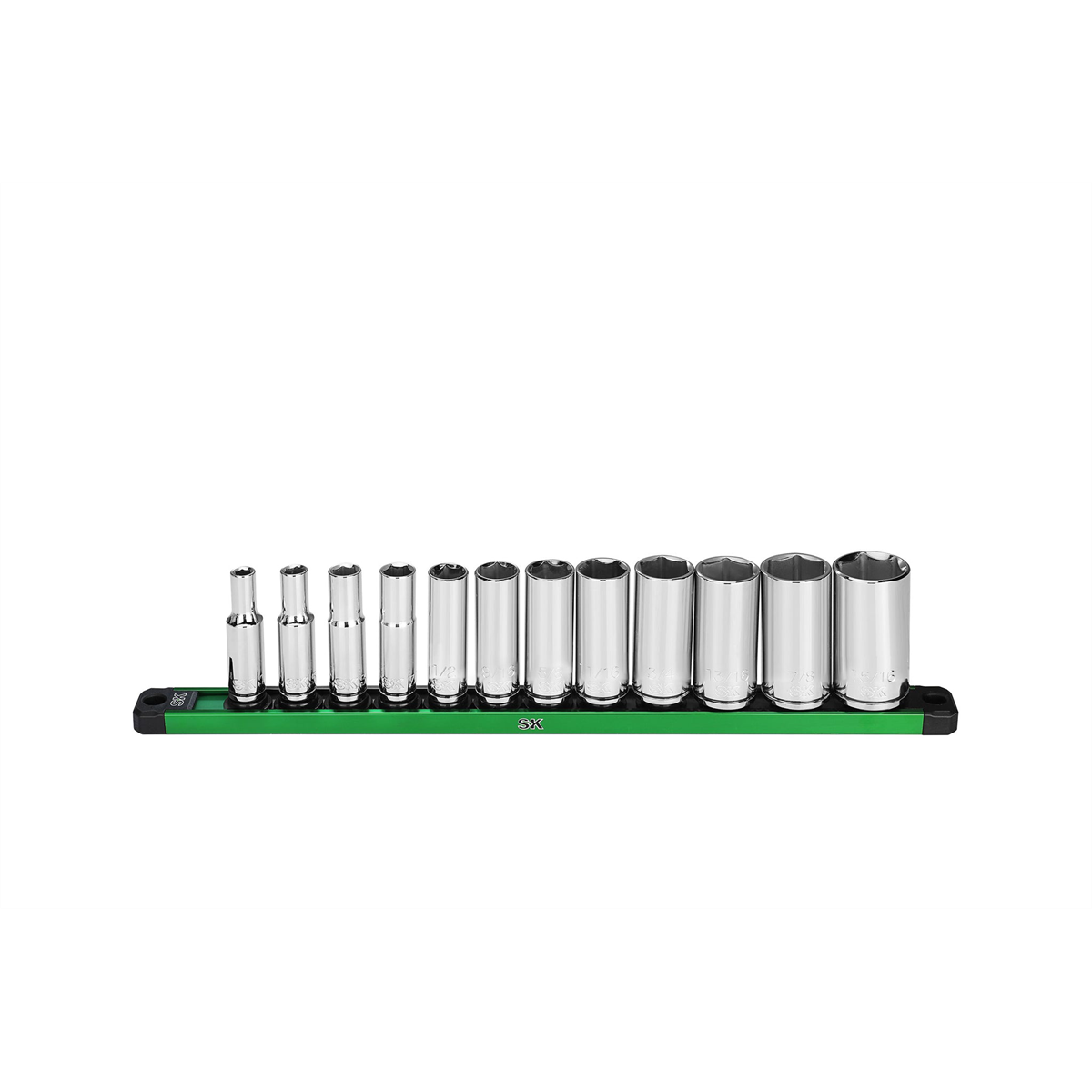 S K Hand Tools 3/8" Drive, 12 Piece, 6 Point, Deep, Sae Chrome Socket Set. Packaged On A Rail
