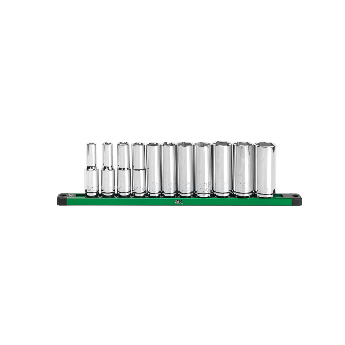 S K Hand Tools 1/2" Drive, 11 Piece, 6 Point, Deep, Sae Chrome Socket Set. Packaged On A Rail