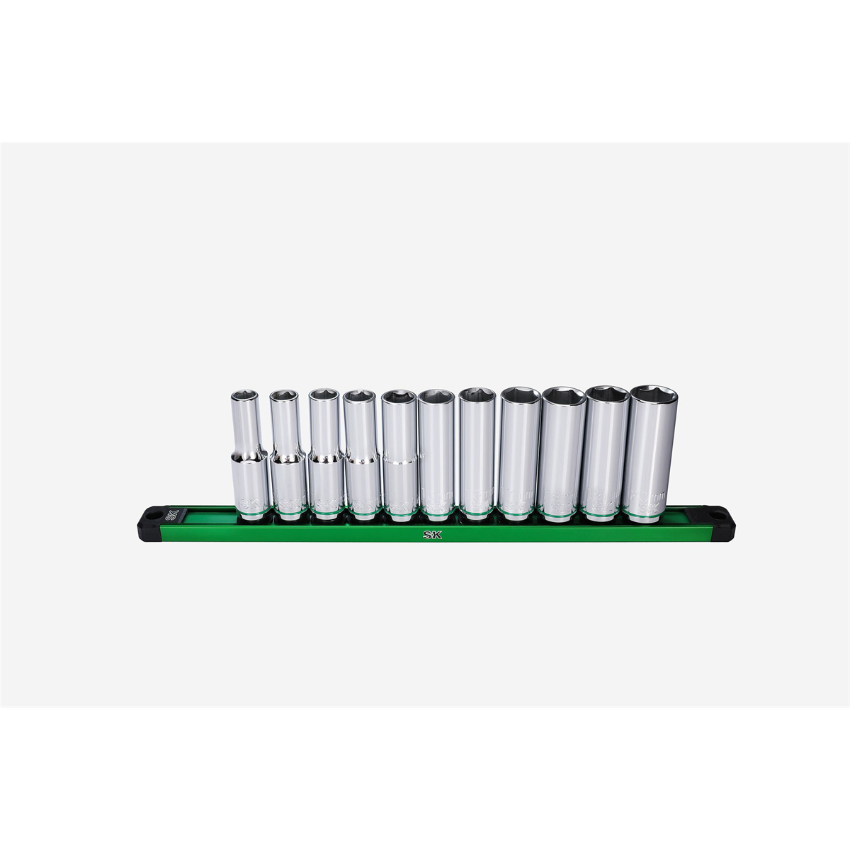 S K Hand Tools 1/2" Drive, 11 Piece, 6 Point, Deep, Metric Chrome Socket Set. Packaged On A Rail