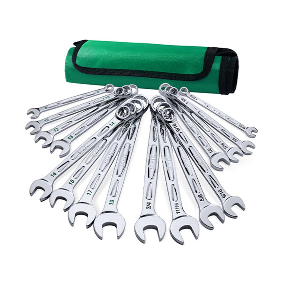 S K Hand Tools 16 Piece, 12 Point, Sae & Metric Chrome Combination Wrench Set. Packaged In A Roll