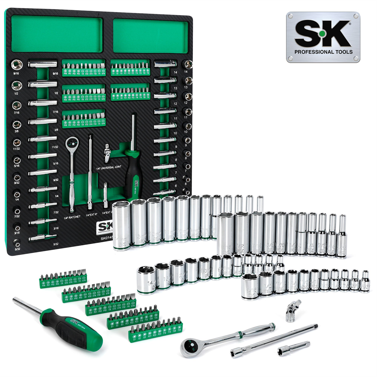 S K Hand Tools 1/4" Drive, 101 Piece, 6 Point, Shallow & Deep, Sae & Metric Chrome Socket Set With 216p Ratchet And Bits. Packaged In Eva Foam Tray