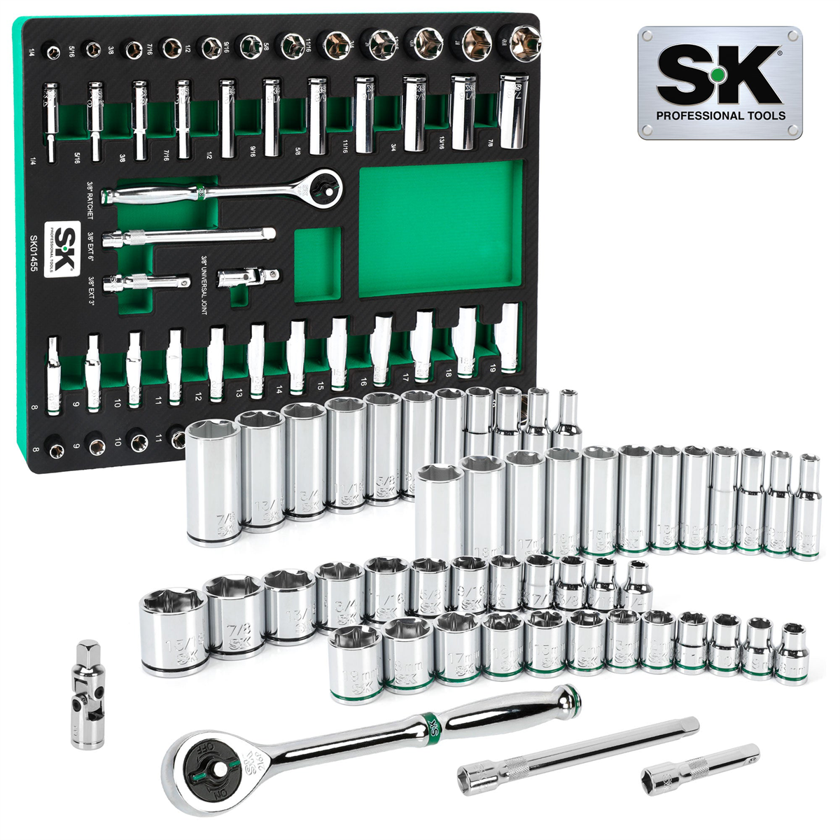 S K Hand Tools 3/8" Drive, 51 Piece, 6 Point, Shallow & Deep, Dae & Metric Chrome Socket Set With 216p Ratchet. Packaged In Eva Foam Tray
