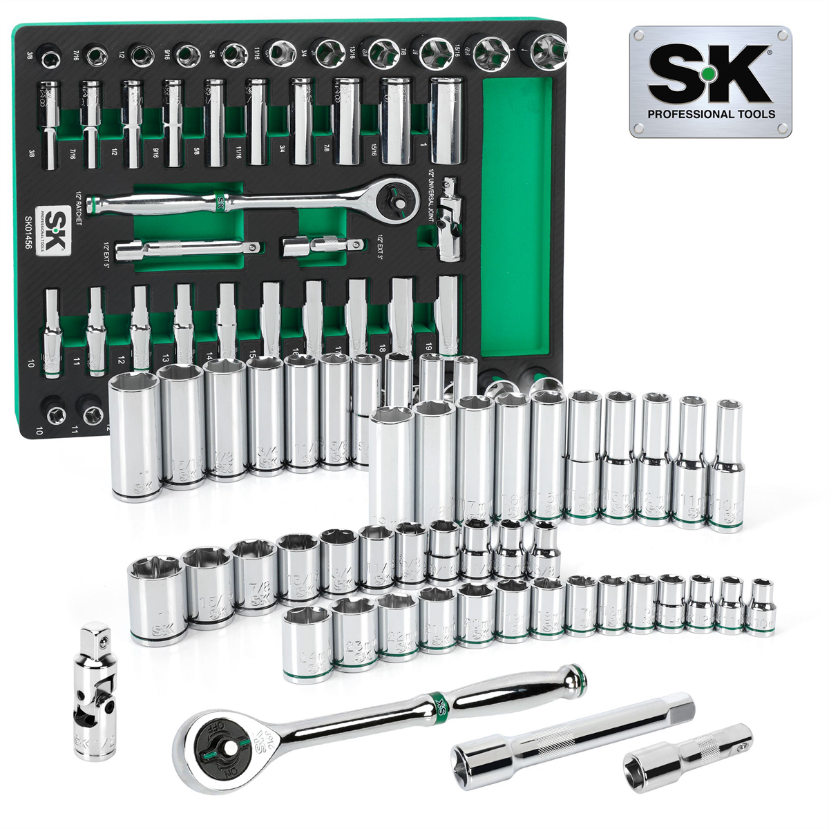 S K Hand Tools 1/2" Drive, 49 Piece, 6 Point, Shallow & Deep, Sae & Metric Chrome Socket Set With 216p Ratchet. Packaged In Eva Foam Tray