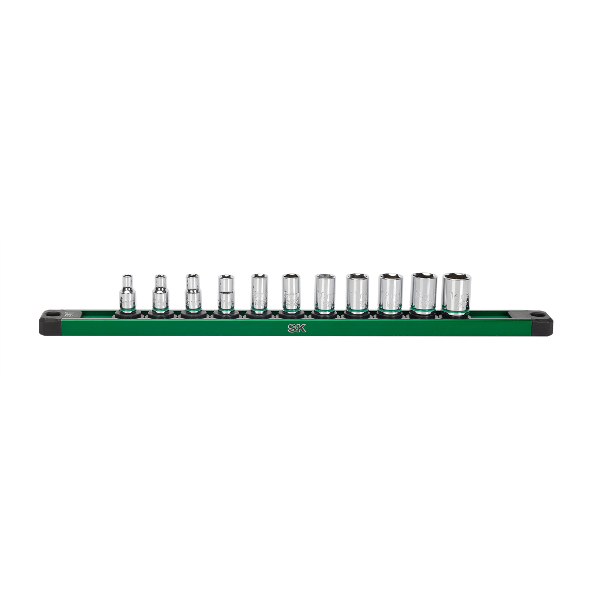 S K Hand Tools 1/4" Drive, 11 Piece, 6 Point, Shallow, Metric Chrome Socket Set. Packaged On A Rail