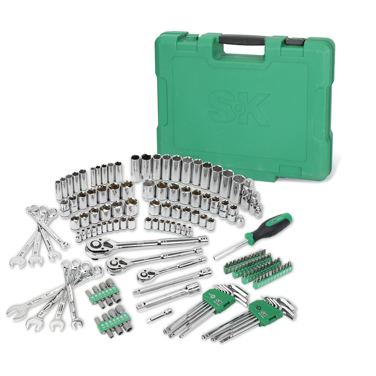 S K Hand Tools 1/4", 3/8" & 1/2" Drive, 163 Piece, 6 Point, Shallow & Deep, Sae & Metric Mechanics Tool Set