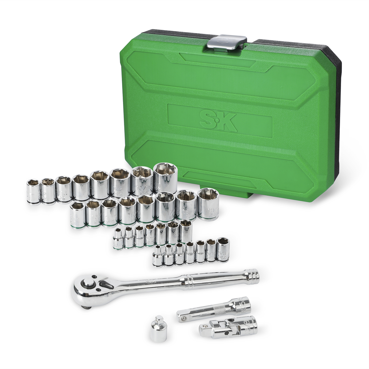 S K Hand Tools 3/8" & 1/4" Drive, 34 Piece, 6 Point, Shallow & Deep, Sae & Metric Chrome Sockets Set With Ratchet, Universal Joint, Extension, And Adapter