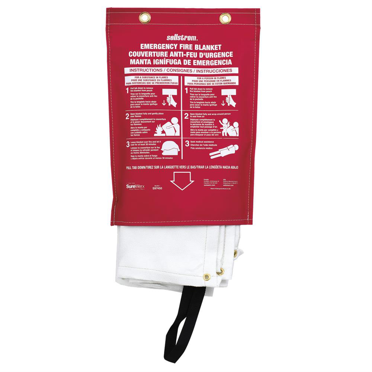 Sellstrom 100% Fiberglass High Temp Emergency Fire Blanket in Red vinyl hanging pouch with carrying handles