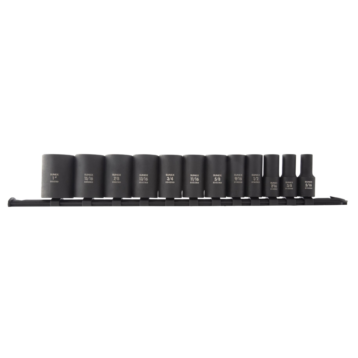 SUNEX 12 Piece 3/8 Inch Dive 12pt SAE Semi-Deep Impact Socket Set on Rail