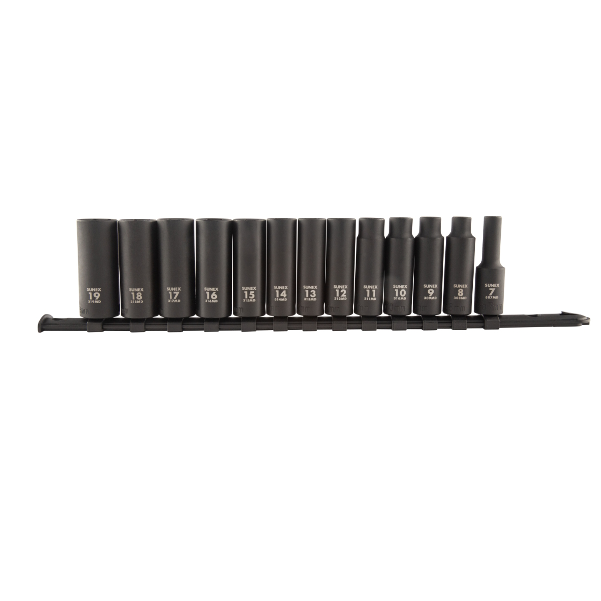 SUNEX 13 Piece 3/8 Inch Drive Metric Deep Impact Socket Set on rail