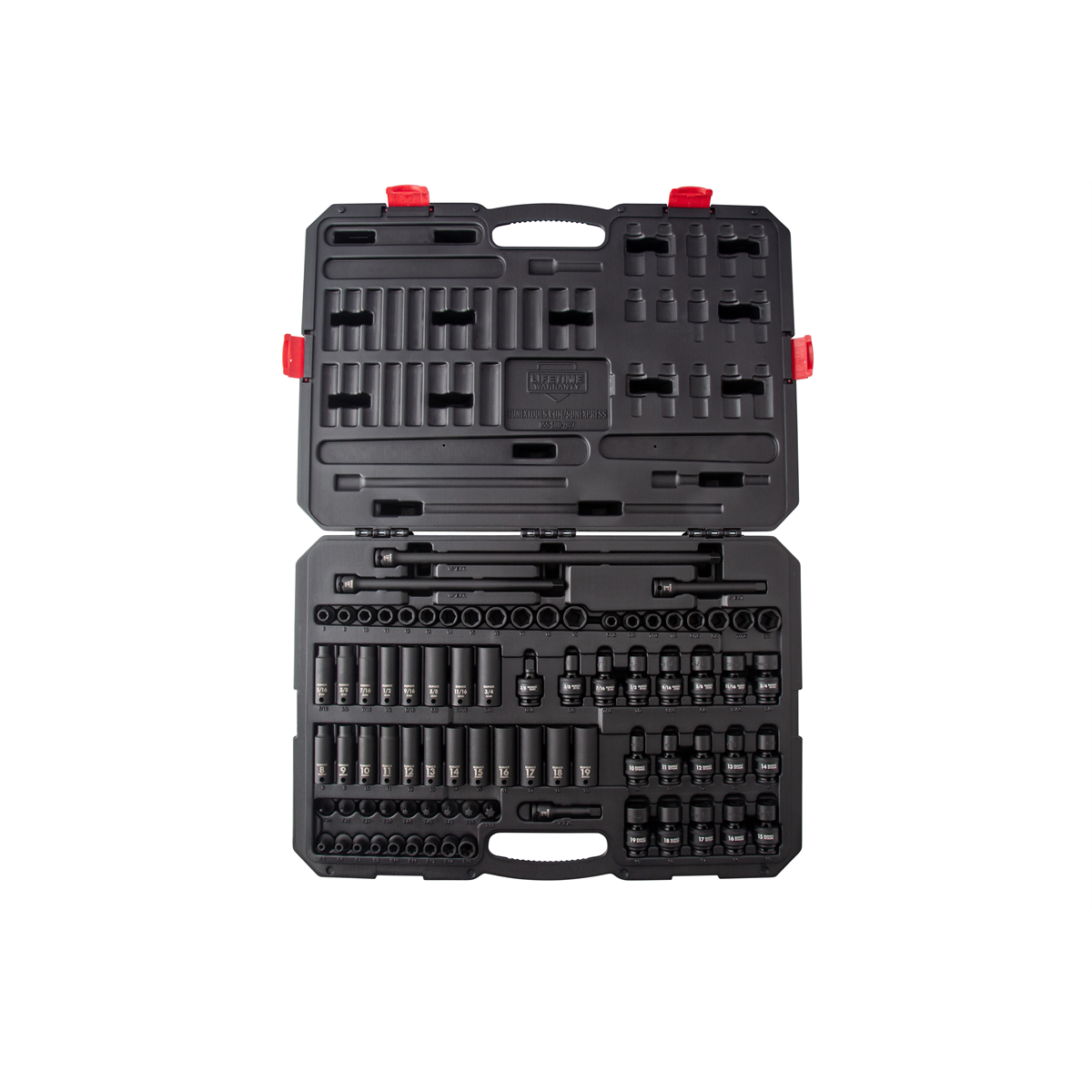 SUNEX 3/8" Drive SAE & Metric 6 Point Standard & Deep with Universal Sockets, Star & External Star Bit 87-Piece Master Impact Socket Set