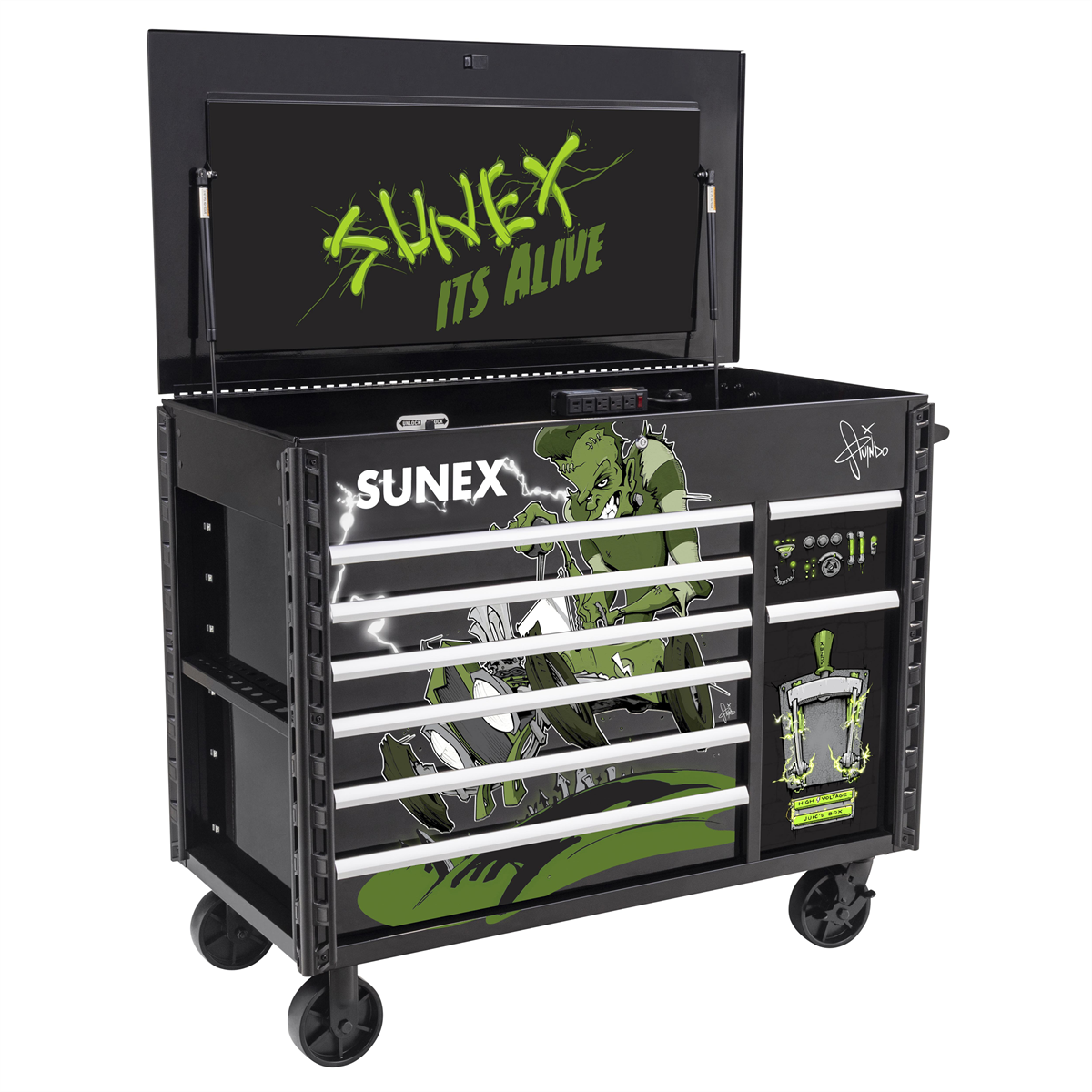 SUNEX 50 Inch 7 Drawer Power Cart with Dedicated Power Tool Storage and Power  - Tony Squindo Its Alive Design - Black