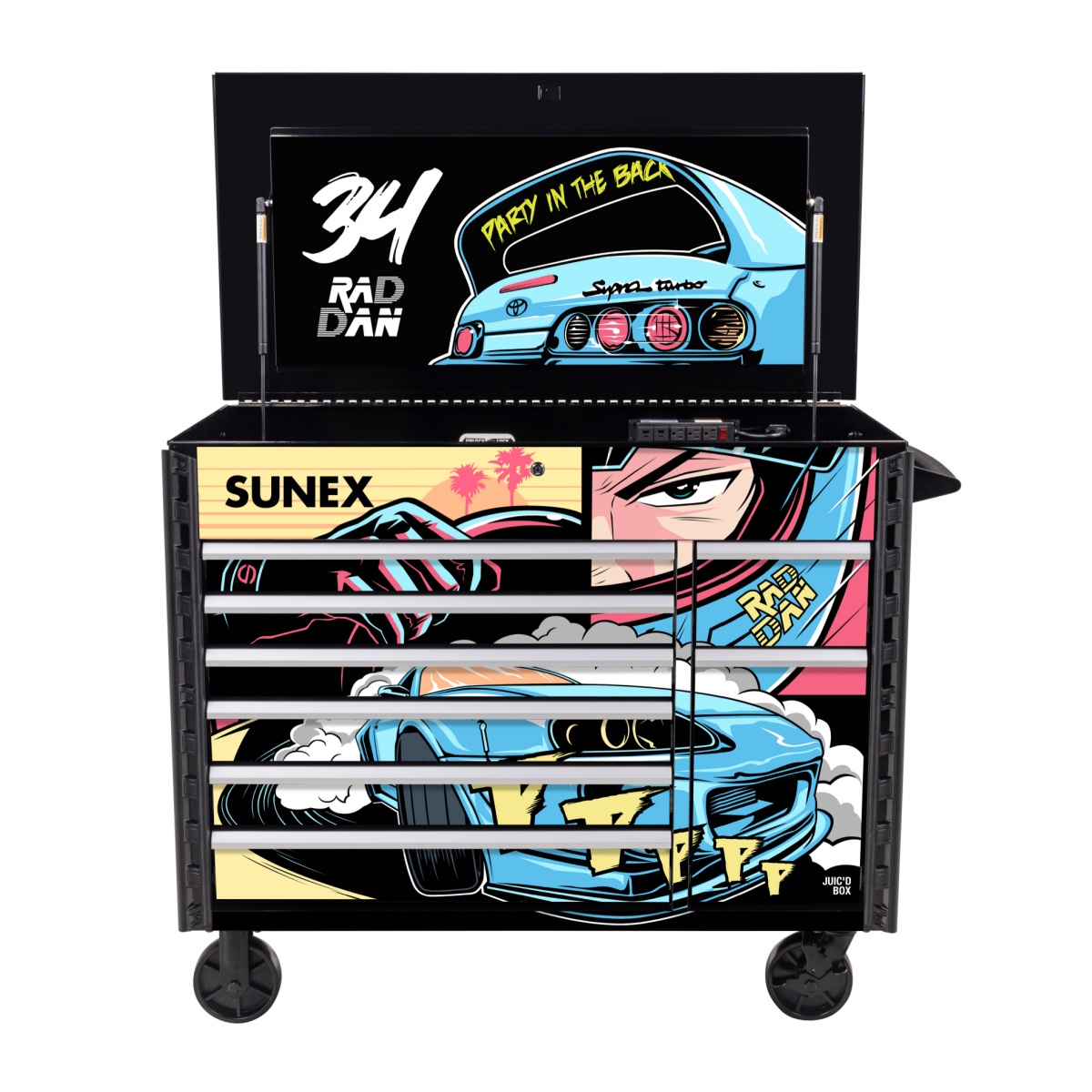 SUNEX JUIC'D Box 50 Inch 7 Drawer Power Cart with Dedicated Power Tool Storage and Integrated Power - RAD DAN Burkett Signature Design - Black