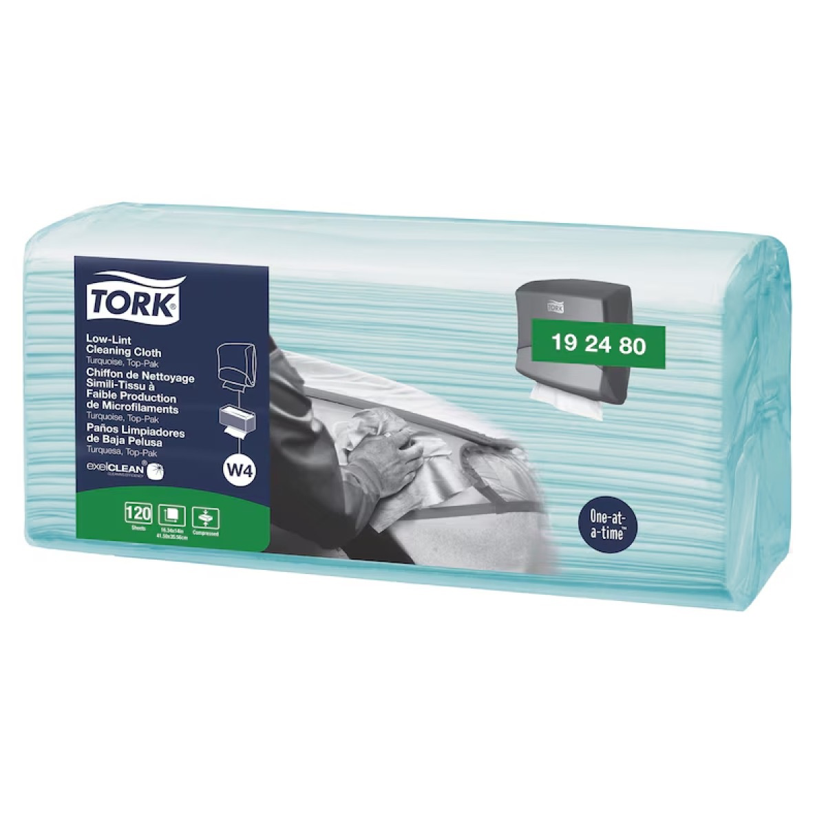 Tork Molnlycke 192480 Top-Pak Low-Lint 1-Ply Cleaning Cloth, 4.3 in L x 14 in W Folded, Cloth, Turquoise