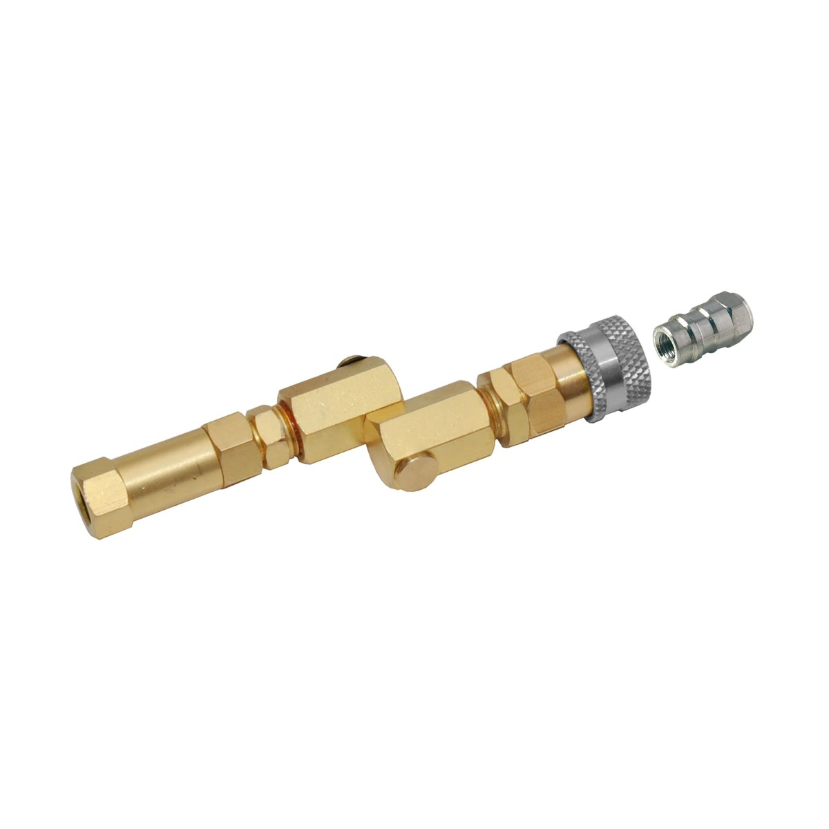 Tracer Products Brass, swivel-type R-1234yf coupler for EV/Hybrid with check valve and purge fitting.