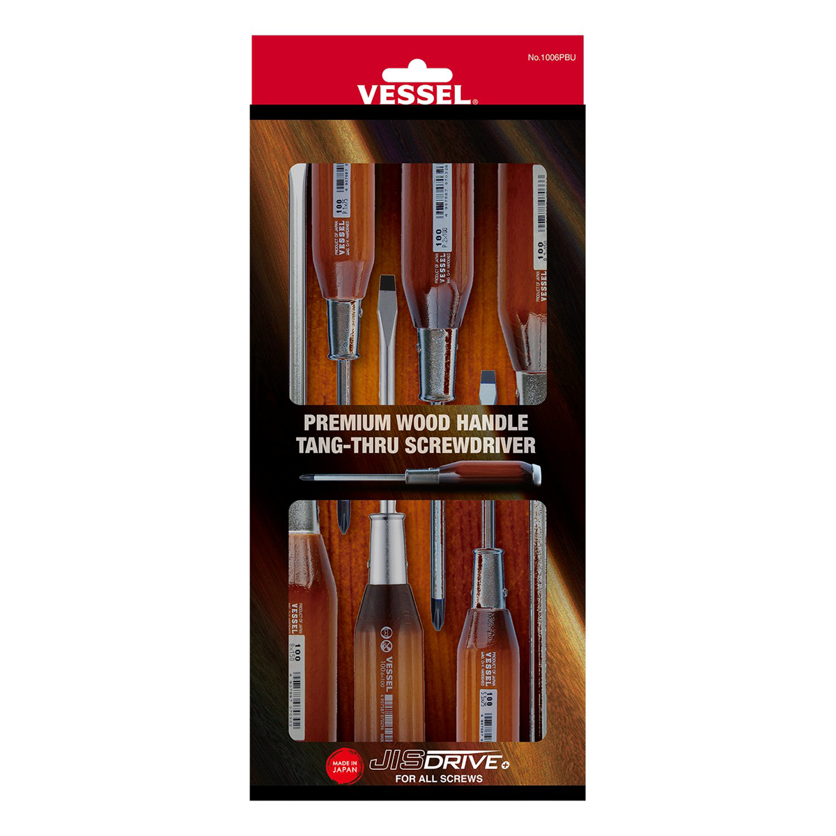 Vessel Tools Premium Wood Handle Tang-Thru Screw Driver 6 Piece Set