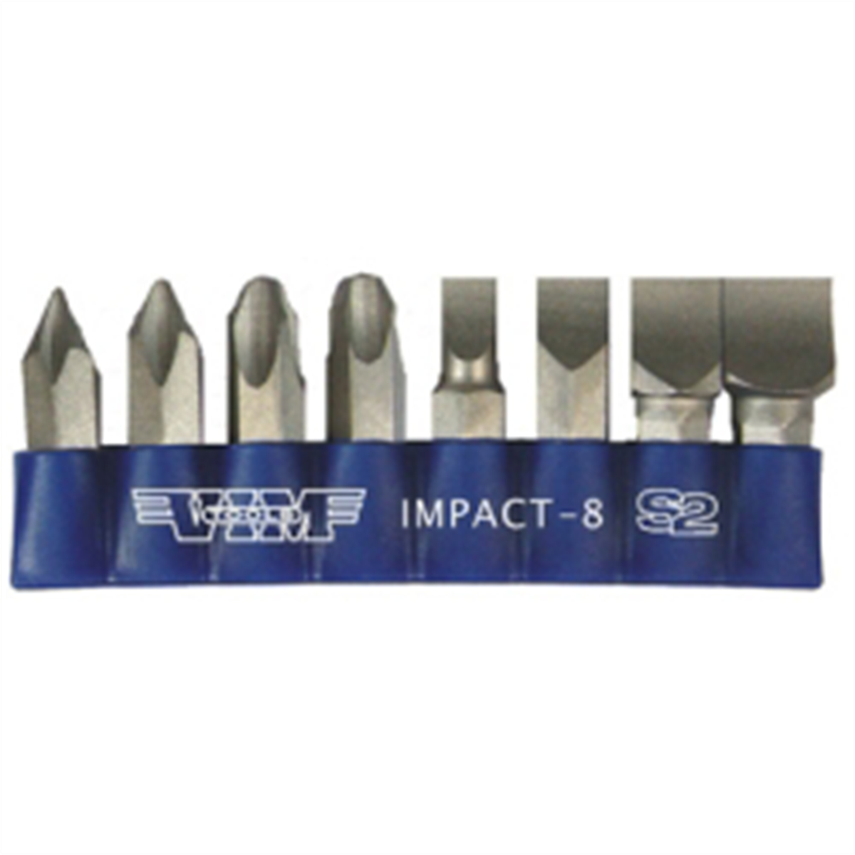 VIM Tools Impact Quality S2 Bit Set, 8 Piece Bits 5/16 Inch Hex Bodies, 1.25L, P1-P4 Phillips & Flat Tip
